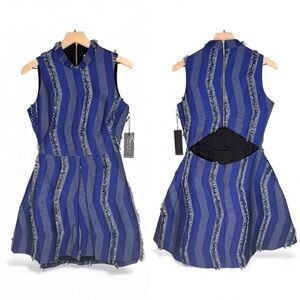 Hunter‎ Bell NEW Blue Fringe Open Back Mock Neck Blue Black Mini Dress Size 6